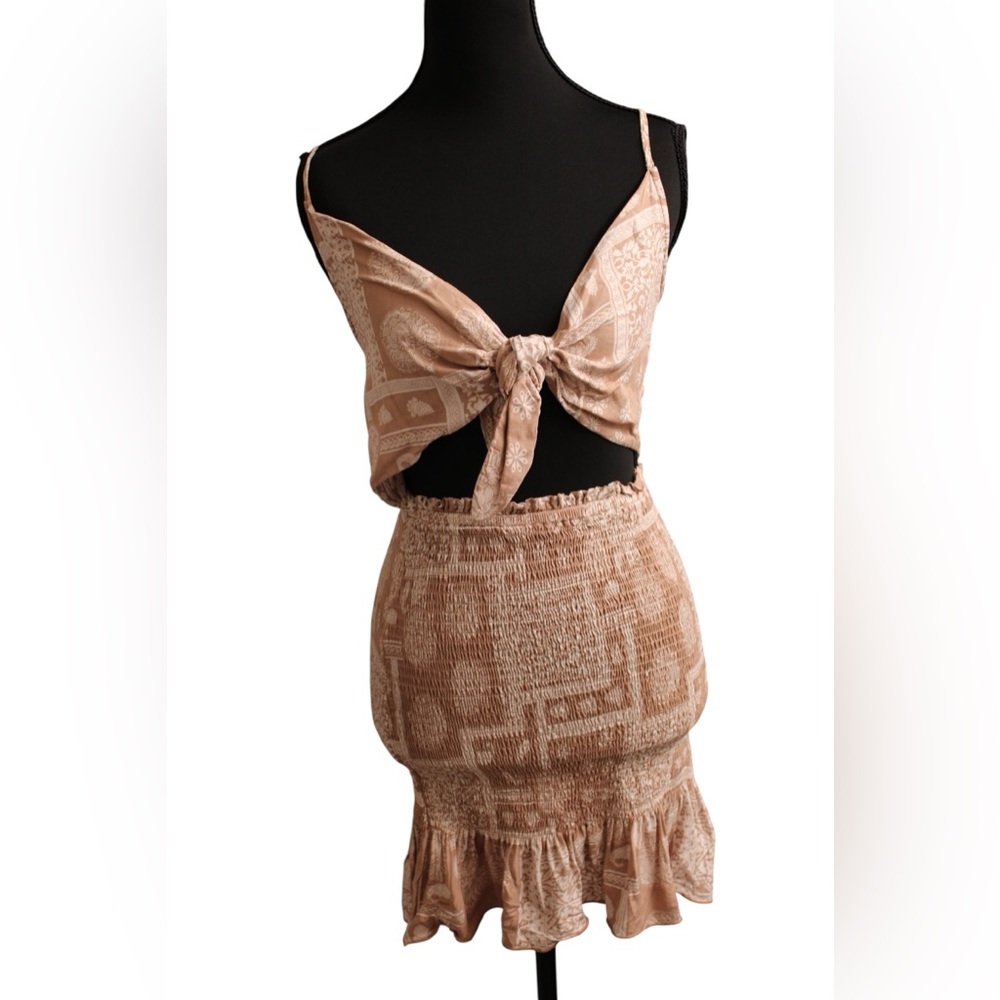SHEIN Boho Tie Front Smocked Mini Dress Brown Paisley Size Small
